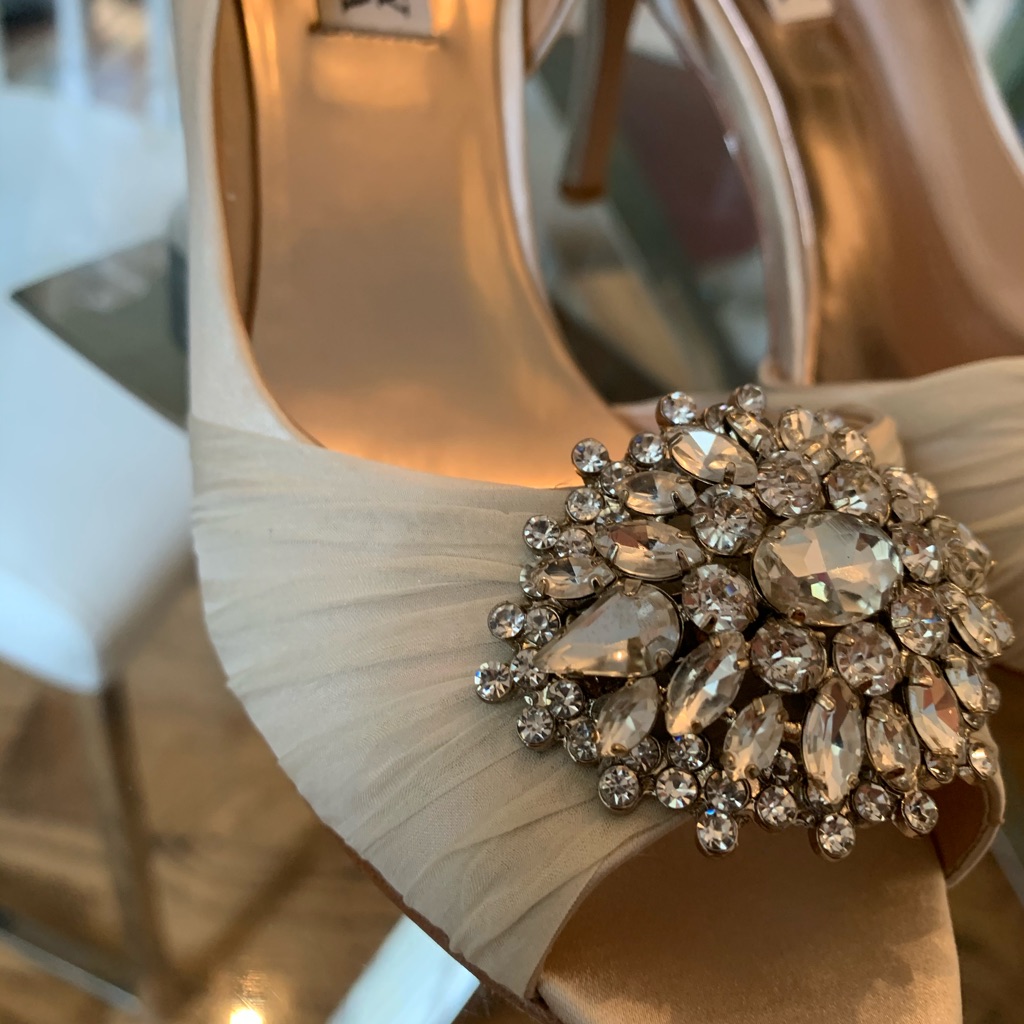 Badgley Mischka Ivory Satin Peep-Toe Heels With Crystal Brooch
